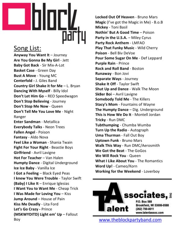 Blockparty Song List